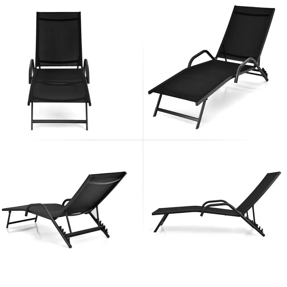 2 Pieces Outdoor Chaise Lounge with 5-Position Adjustable Backrest-Black - Black - Outdoor Chaise Lounges