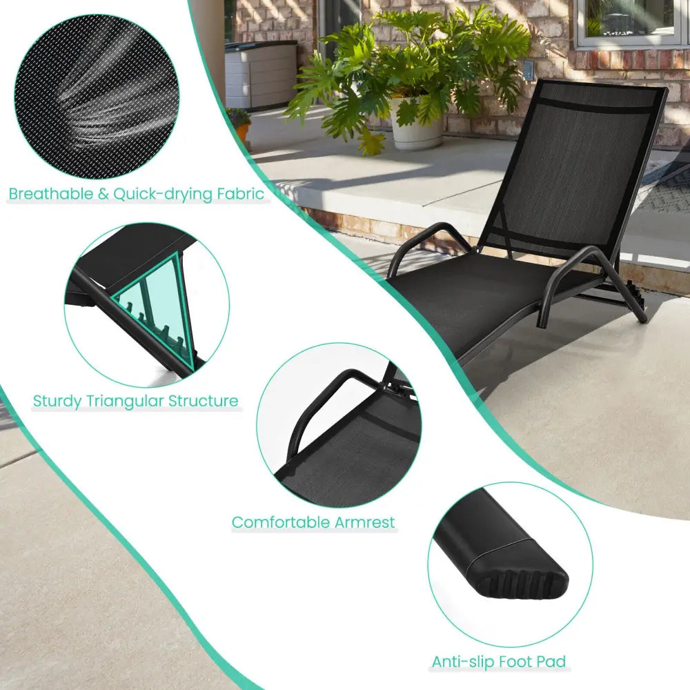 2 Pieces Outdoor Chaise Lounge with 5-Position Adjustable Backrest-Black - Black - Outdoor Chaise Lounges
