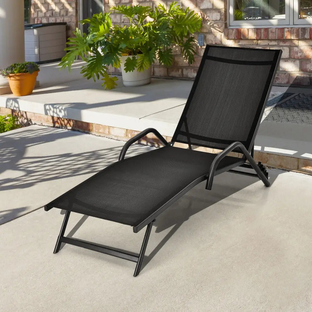 2 Pieces Outdoor Chaise Lounge with 5-Position Adjustable Backrest-Black - Black - Outdoor Chaise Lounges