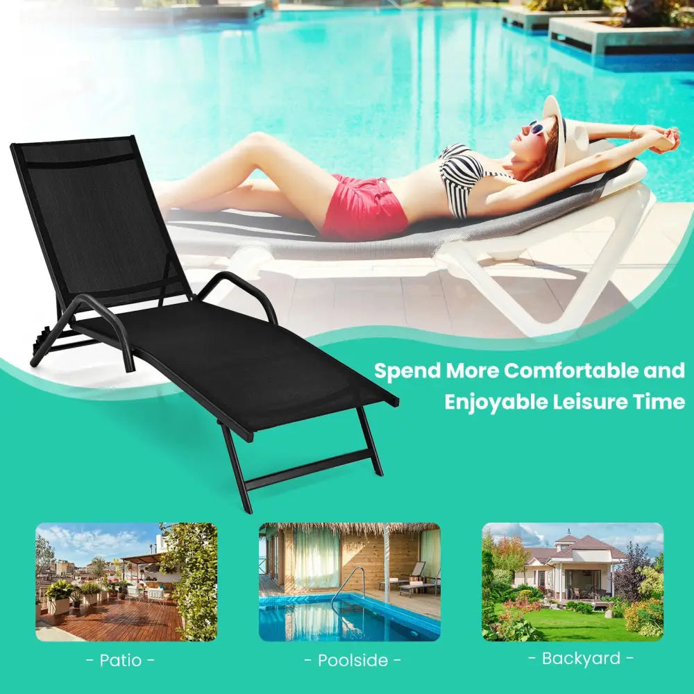2 Pieces Outdoor Chaise Lounge with 5-Position Adjustable Backrest-Black - Black - Outdoor Chaise Lounges