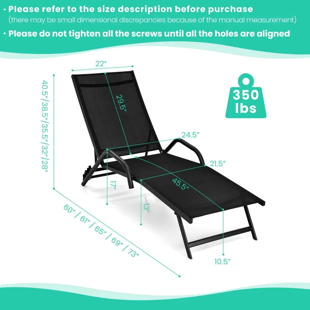 2 Pieces Outdoor Chaise Lounge with 5-Position Adjustable Backrest-Black - Black - Outdoor Chaise Lounges