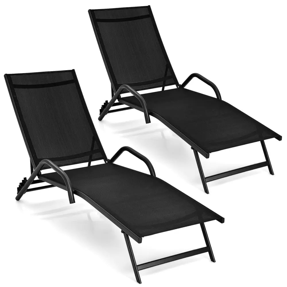 2 Pieces Outdoor Chaise Lounge with 5-Position Adjustable Backrest-Black - Black - Outdoor Chaise Lounges
