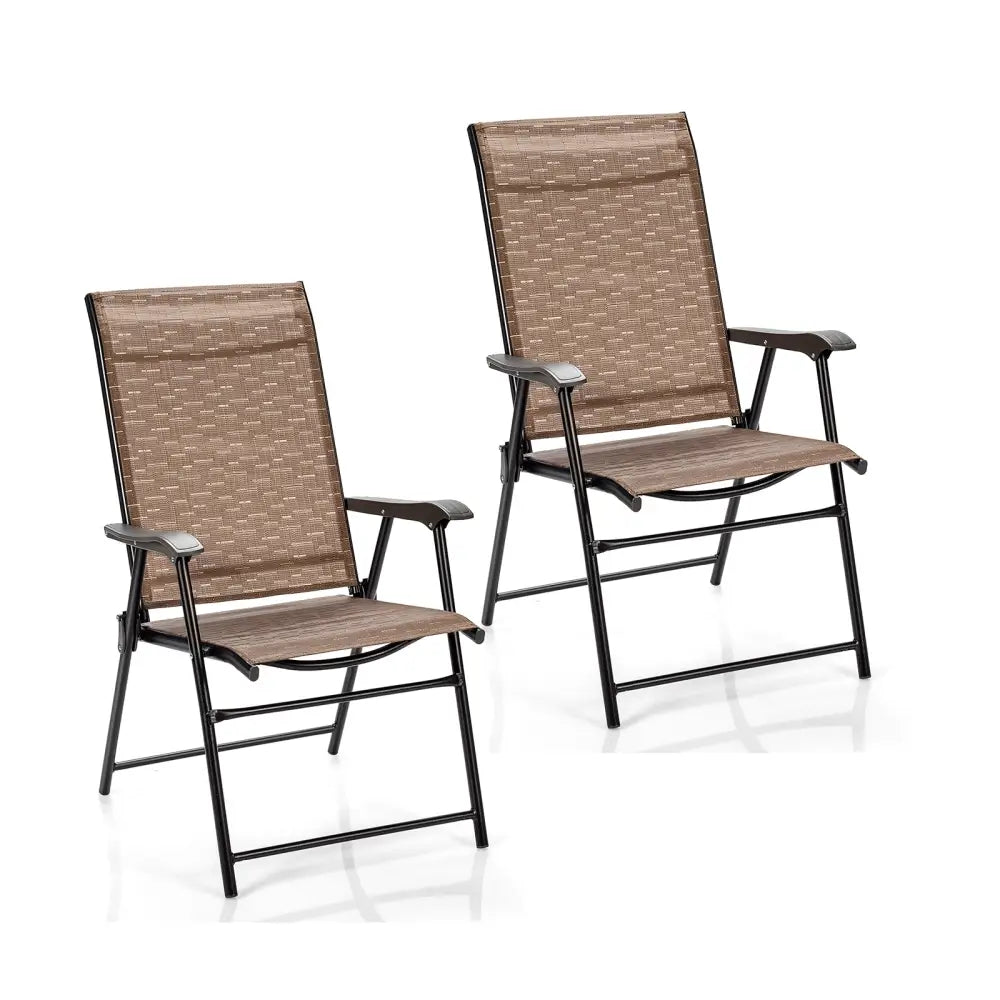2 Pieces Outdoor Patio Folding Chair with Armrest for Camping Garden - Brown - Patio Dining Chairs