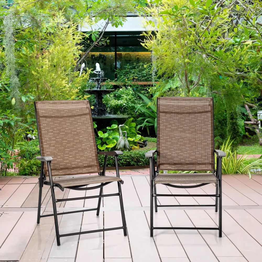 2 Pieces Outdoor Patio Folding Chair with Armrest for Camping Garden - Brown - Patio Dining Chairs