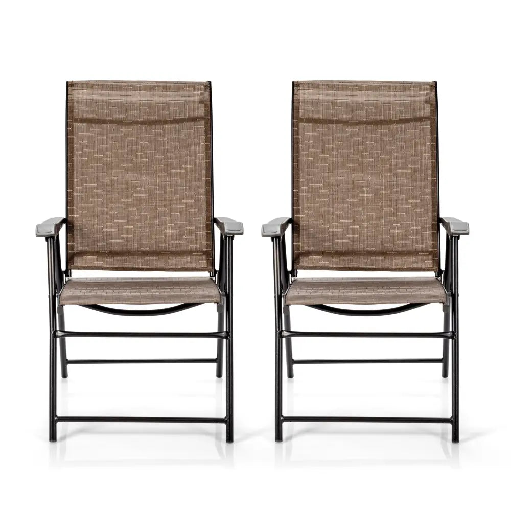 2 Pieces Outdoor Patio Folding Chair with Armrest for Camping Garden - Brown - Patio Dining Chairs