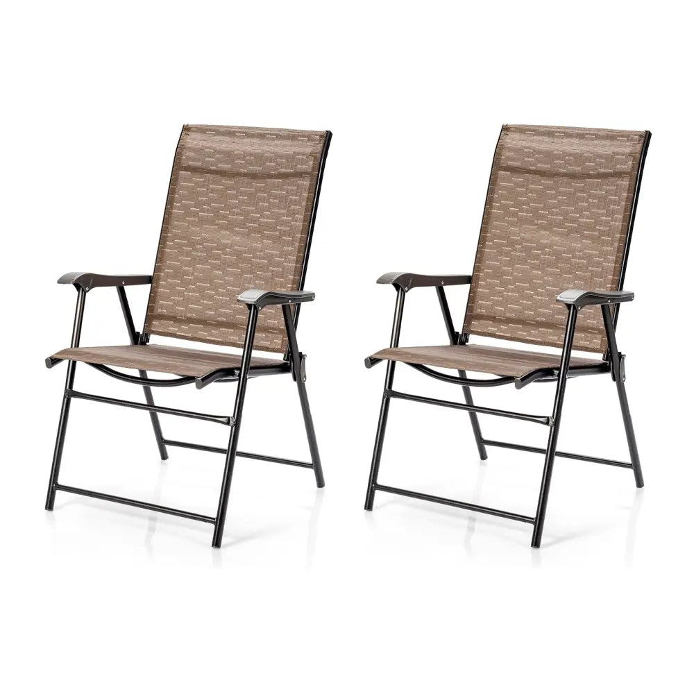 2 Pieces Outdoor Patio Folding Chair with Armrest for Camping Garden - Brown - Patio Dining Chairs
