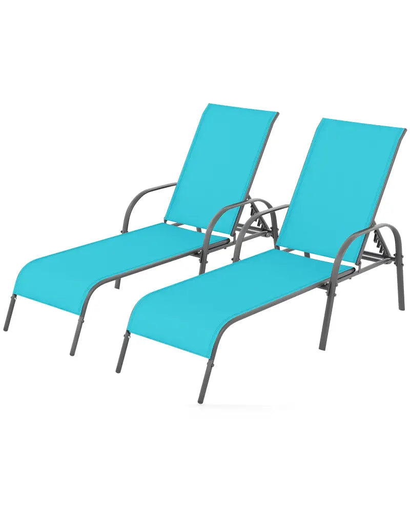 2 Pieces Outdoor Patio Lounge Chair Chaise Fabric with Adjustable Reclining Armrest-Turquoise - Turquoise - Outdoor