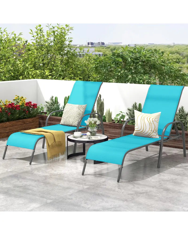 2 Pieces Outdoor Patio Lounge Chair Chaise Fabric with Adjustable Reclining Armrest-Turquoise - Turquoise - Outdoor