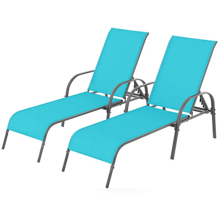 2 Pieces Outdoor Patio Lounge Chair Chaise Fabric with Adjustable Reclining Armrest-Turquoise - Turquoise - Outdoor