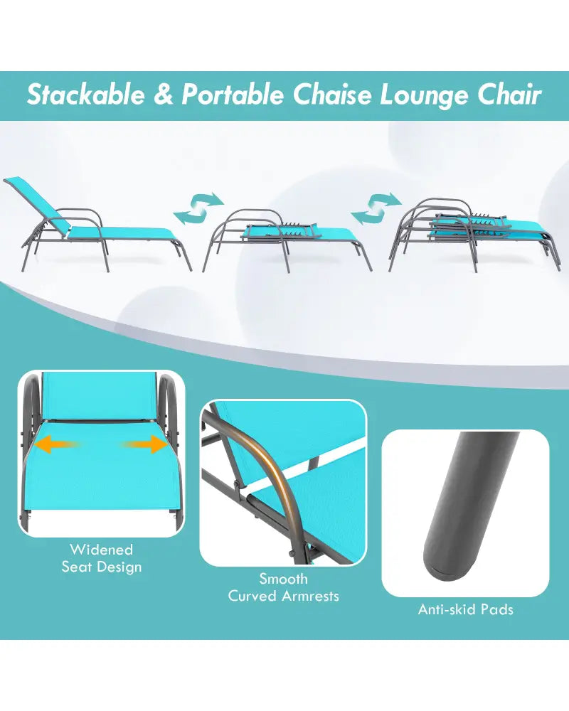 2 Pieces Outdoor Patio Lounge Chair Chaise Fabric with Adjustable Reclining Armrest-Turquoise - Turquoise - Outdoor