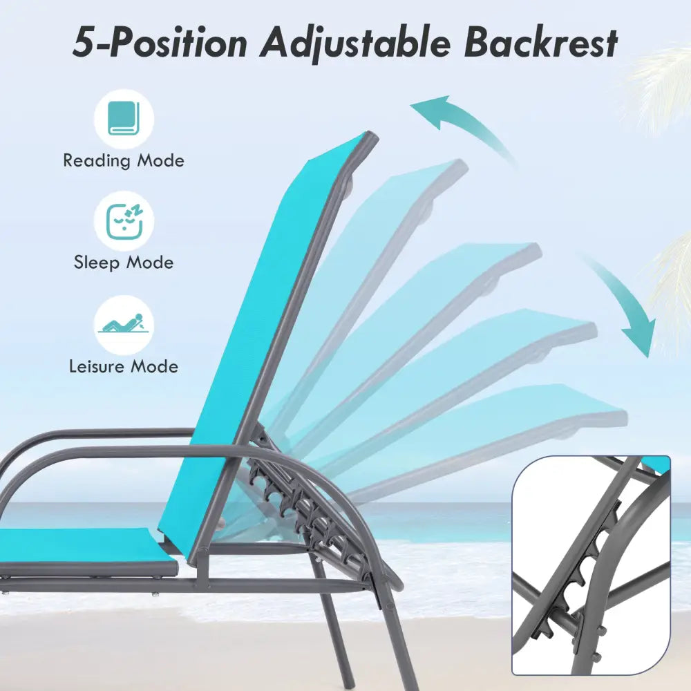 2 Pieces Outdoor Patio Lounge Chair Chaise Fabric with Adjustable Reclining Armrest-Turquoise - Turquoise - Outdoor