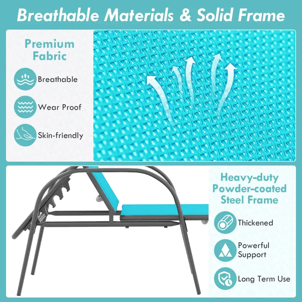 2 Pieces Outdoor Patio Lounge Chair Chaise Fabric with Adjustable Reclining Armrest-Turquoise - Turquoise - Outdoor