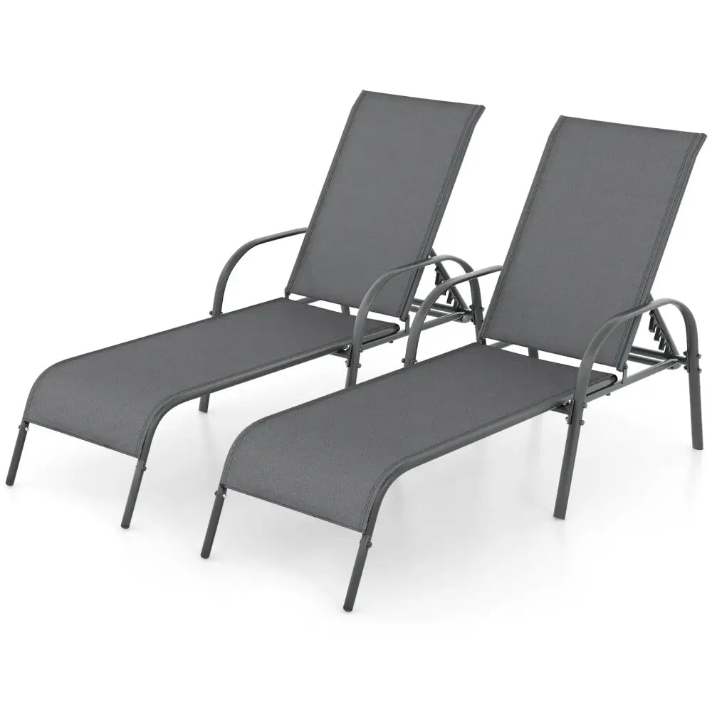 2 Pieces Outdoor Patio Lounge Chair Chaise Fabric with Adjustable Reclining Armrest-Dark Gray - Dark Gray - Outdoor