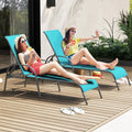 2 Pieces Outdoor Patio Lounge Chair Chaise Fabric with Adjustable Reclining Armrest-Turquoise - Turquoise - Outdoor