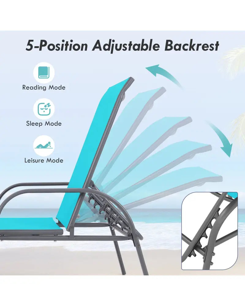 2 Pieces Outdoor Patio Lounge Chair Chaise Fabric with Adjustable Reclining Armrest-Turquoise - Turquoise - Outdoor