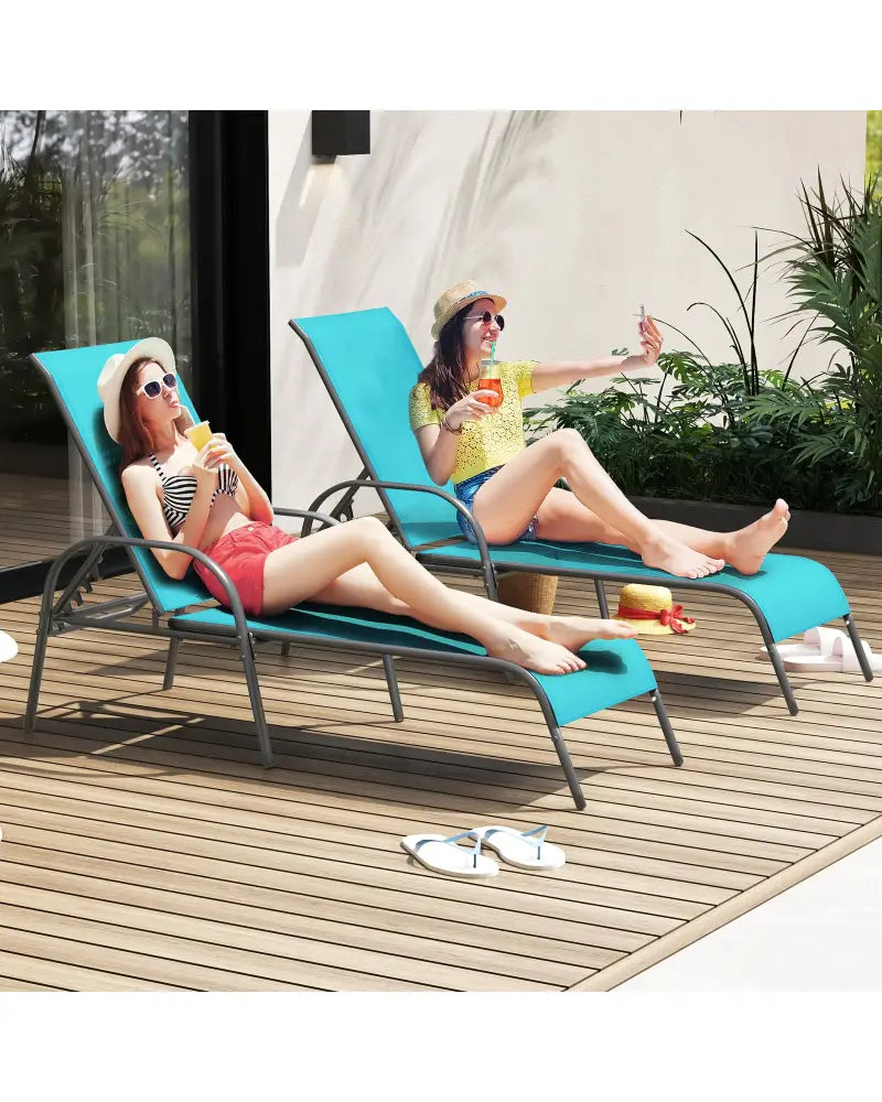 2 Pieces Outdoor Patio Lounge Chair Chaise Fabric with Adjustable Reclining Armrest-Turquoise - Turquoise - Outdoor