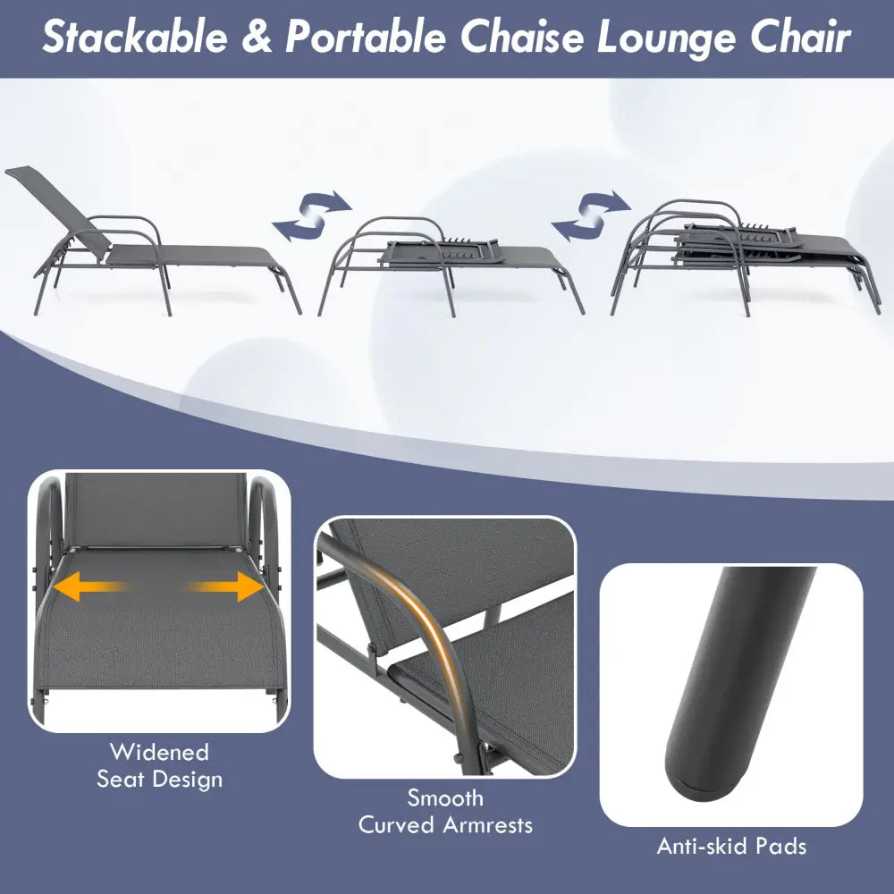 2 Pieces Outdoor Patio Lounge Chair Chaise Fabric with Adjustable Reclining Armrest-Dark Gray - Dark Gray - Outdoor