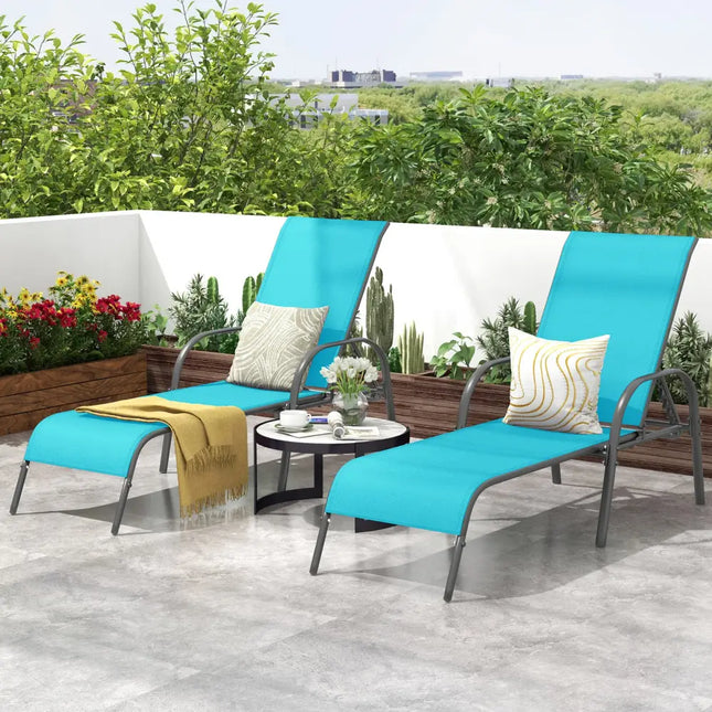 2 Pieces Outdoor Patio Lounge Chair Chaise Fabric with Adjustable Reclining Armrest-Turquoise - Turquoise - Outdoor