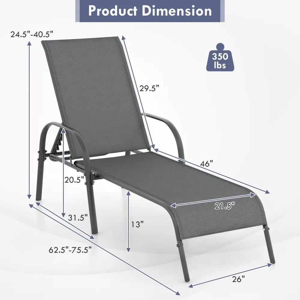 2 Pieces Outdoor Patio Lounge Chair Chaise Fabric with Adjustable Reclining Armrest-Dark Gray - Dark Gray - Outdoor