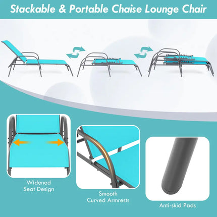 2 Pieces Outdoor Patio Lounge Chair Chaise Fabric with Adjustable Reclining Armrest-Turquoise - Turquoise - Outdoor