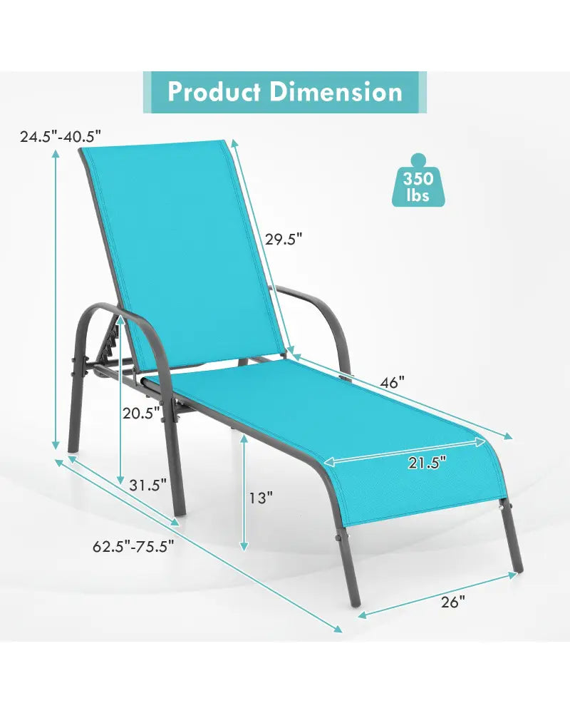 2 Pieces Outdoor Patio Lounge Chair Chaise Fabric with Adjustable Reclining Armrest-Turquoise - Turquoise - Outdoor