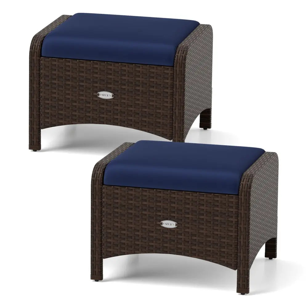 2 Pieces Outdoor Patio PE Wicker Ottomans with Removable Cushions-Navy - Navy - Outdoor Seating & Patio Chairs