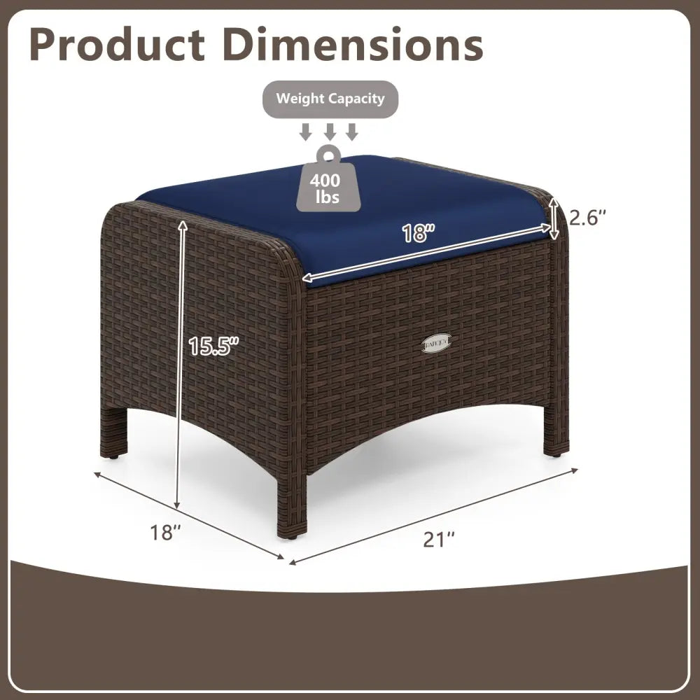 2 Pieces Outdoor Patio PE Wicker Ottomans with Removable Cushions-Navy - Navy - Outdoor Seating & Patio Chairs