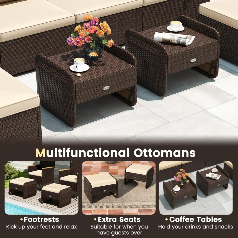 2 Pieces Outdoor Patio PE Wicker Ottomans with Removable Cushions-Brown - Brown - Outdoor Seating & Patio Chairs