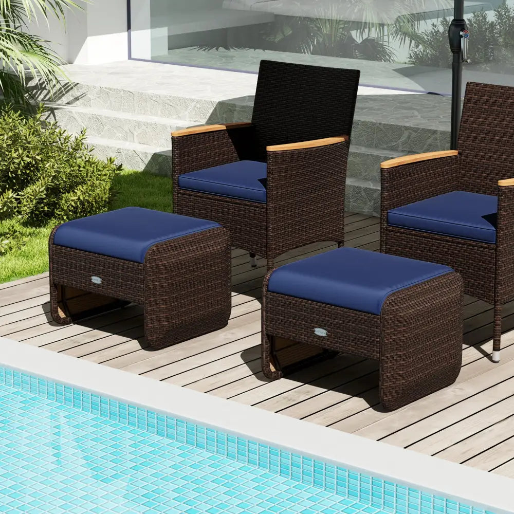 2 Pieces Outdoor Patio PE Wicker Ottomans with Removable Cushions-Navy - Navy - Outdoor Seating & Patio Chairs