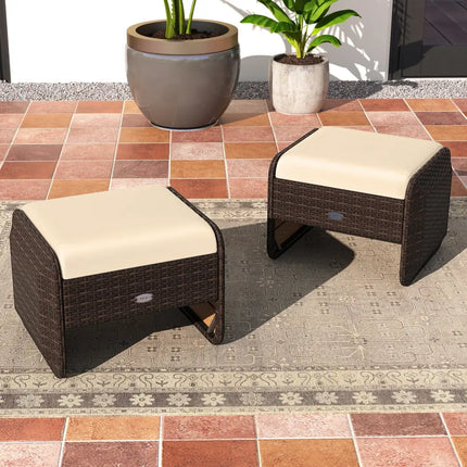2 Pieces Outdoor Patio PE Wicker Ottomans with Removable Cushions-Brown - Brown - Outdoor Seating & Patio Chairs