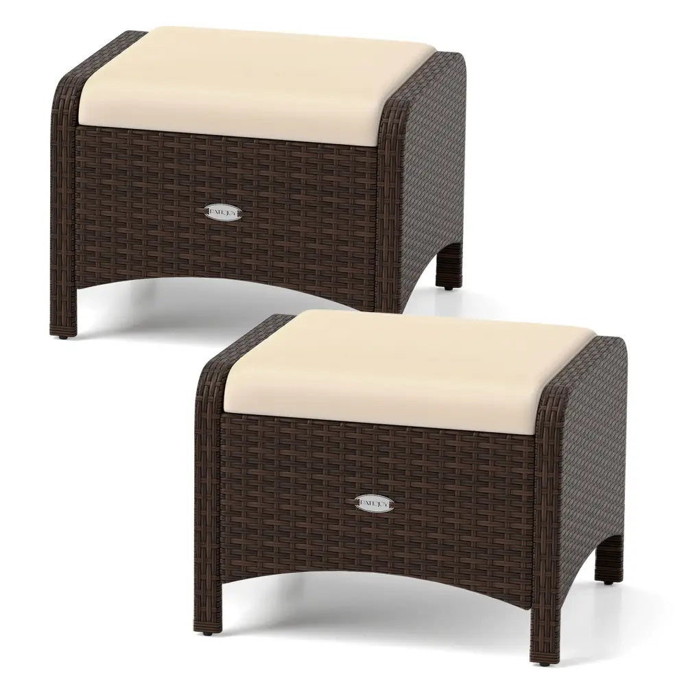 2 Pieces Outdoor Patio PE Wicker Ottomans with Removable Cushions-Beige - Beige - Outdoor Seating & Patio Chairs