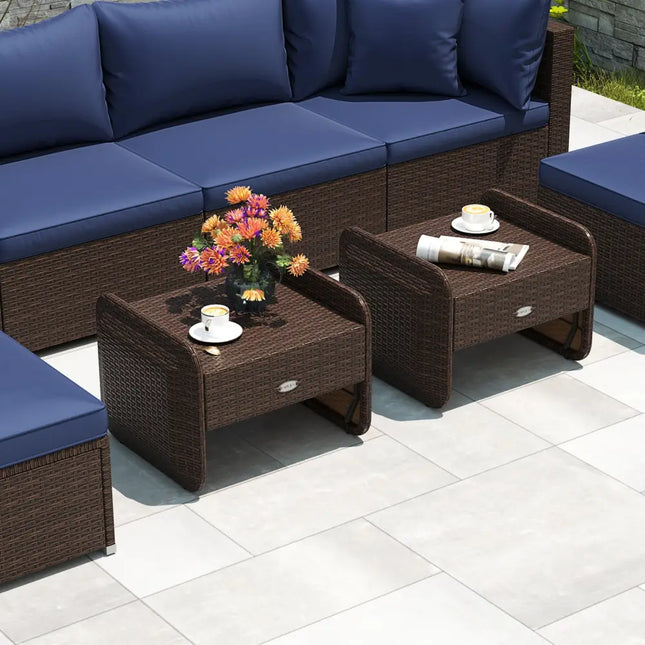 2 Pieces Outdoor Patio PE Wicker Ottomans with Removable Cushions-Navy - Navy - Outdoor Seating & Patio Chairs