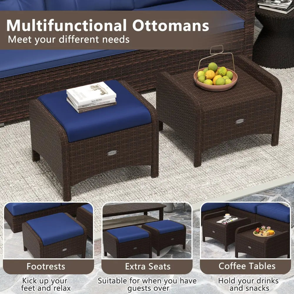 2 Pieces Outdoor Patio PE Wicker Ottomans with Removable Cushions-Navy - Navy - Outdoor Seating & Patio Chairs