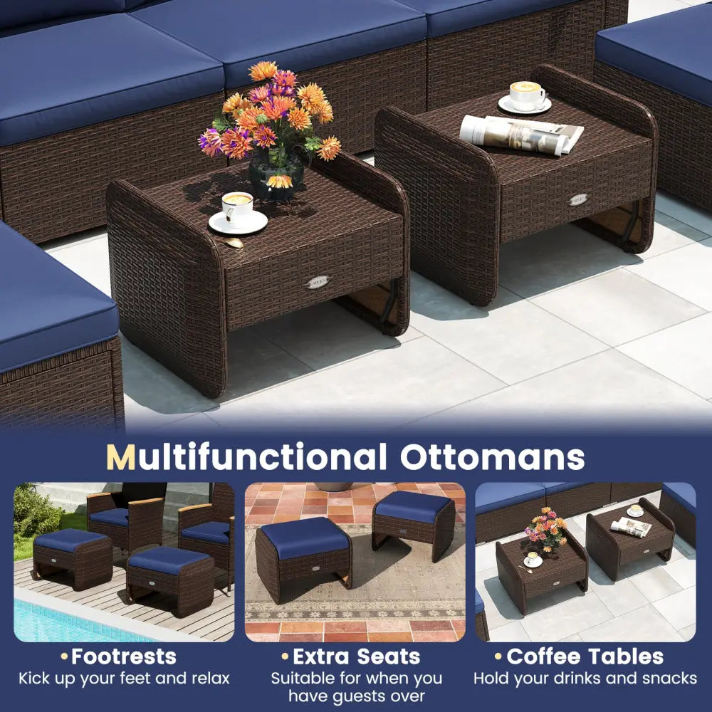 2 Pieces Outdoor Patio PE Wicker Ottomans with Removable Cushions-Navy - Navy - Outdoor Seating & Patio Chairs