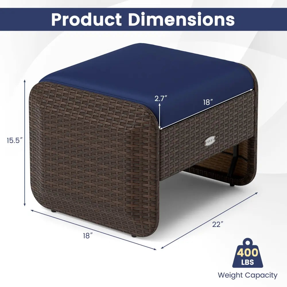 2 Pieces Outdoor Patio PE Wicker Ottomans with Removable Cushions-Navy - Navy - Outdoor Seating & Patio Chairs