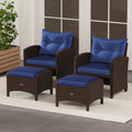 2 Pieces Outdoor Patio PE Wicker Ottomans with Removable Cushions-Navy - Navy - Outdoor Seating & Patio Chairs