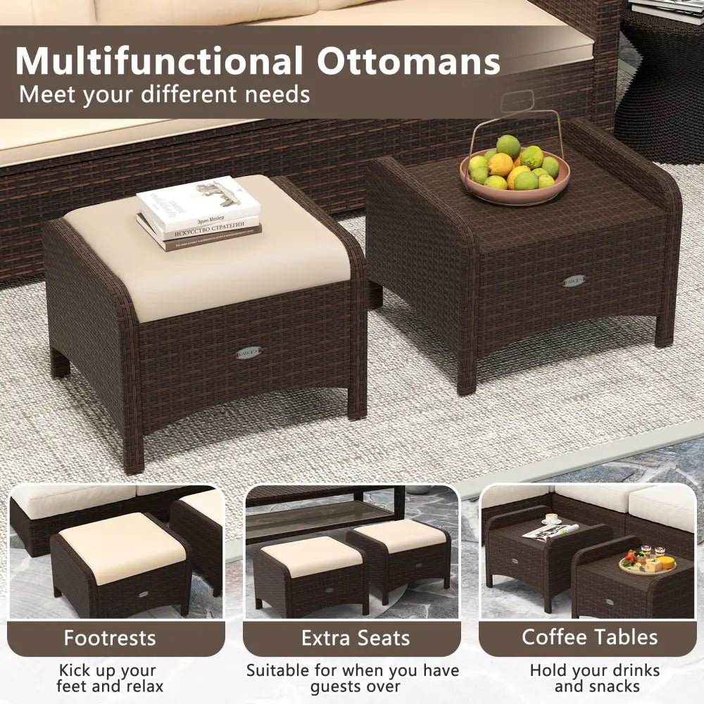 2 Pieces Outdoor Patio PE Wicker Ottomans with Removable Cushions-Beige - Beige - Outdoor Seating & Patio Chairs