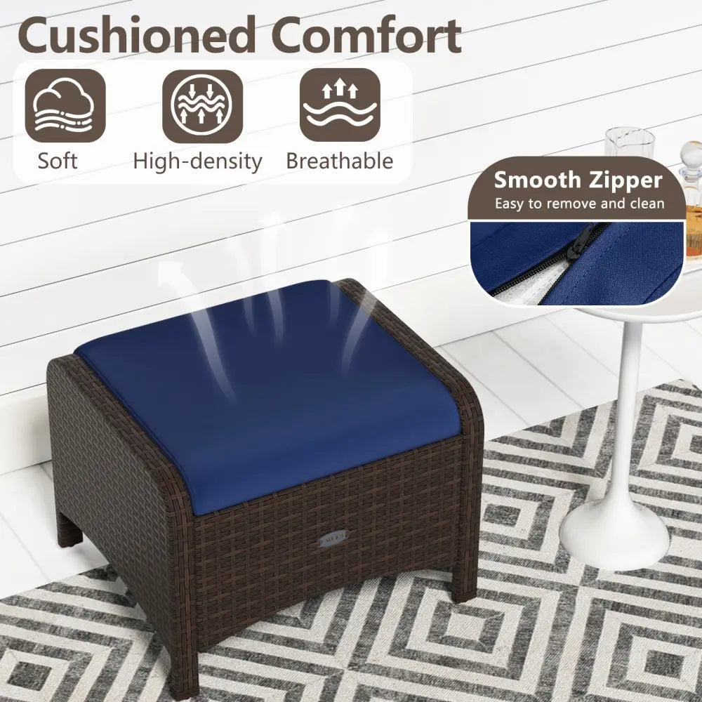 2 Pieces Outdoor Patio PE Wicker Ottomans with Removable Cushions-Navy - Navy - Outdoor Seating & Patio Chairs