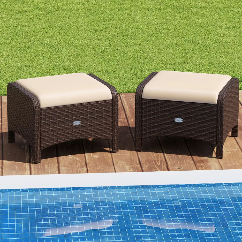 2 Pieces Outdoor Patio PE Wicker Ottomans with Removable Cushions-Beige - Beige - Outdoor Seating & Patio Chairs