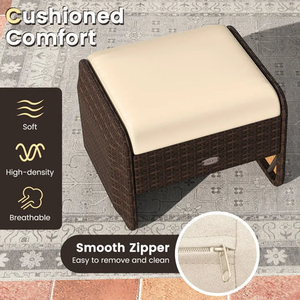 2 Pieces Outdoor Patio PE Wicker Ottomans with Removable Cushions-Brown - Brown - Outdoor Seating & Patio Chairs