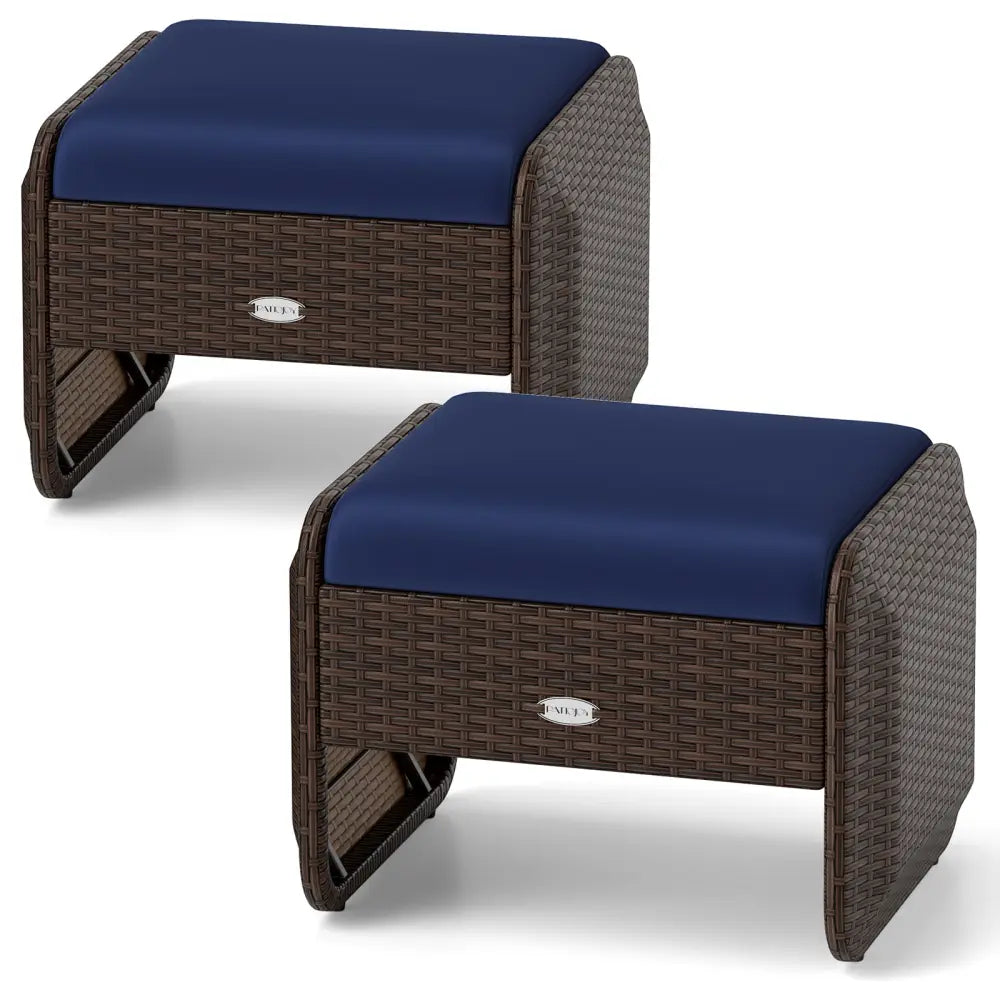 2 Pieces Outdoor Patio PE Wicker Ottomans with Removable Cushions-Navy - Navy - Outdoor Seating & Patio Chairs