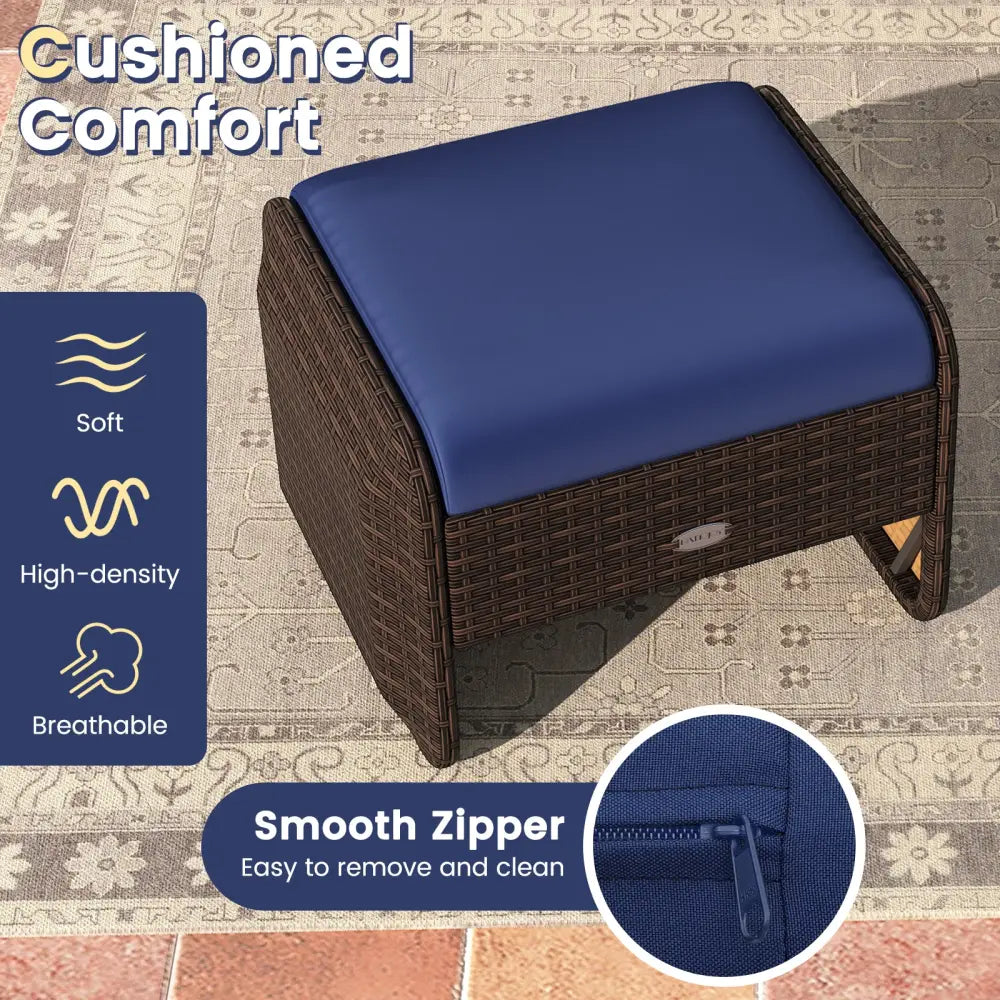 2 Pieces Outdoor Patio PE Wicker Ottomans with Removable Cushions-Navy - Navy - Outdoor Seating & Patio Chairs