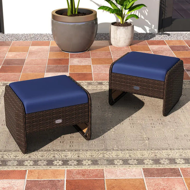 2 Pieces Outdoor Patio PE Wicker Ottomans with Removable Cushions-Navy - Navy - Outdoor Seating & Patio Chairs