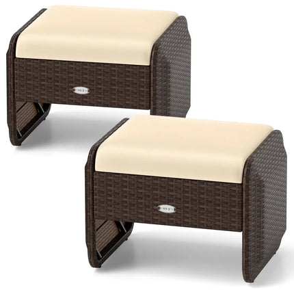 2 Pieces Outdoor Patio PE Wicker Ottomans with Removable Cushions-Brown - Brown - Outdoor Seating & Patio Chairs