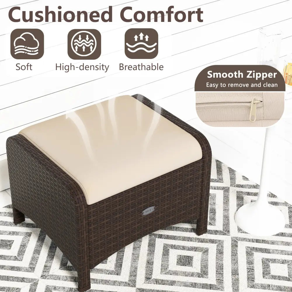 2 Pieces Outdoor Patio PE Wicker Ottomans with Removable Cushions-Beige - Beige - Outdoor Seating & Patio Chairs