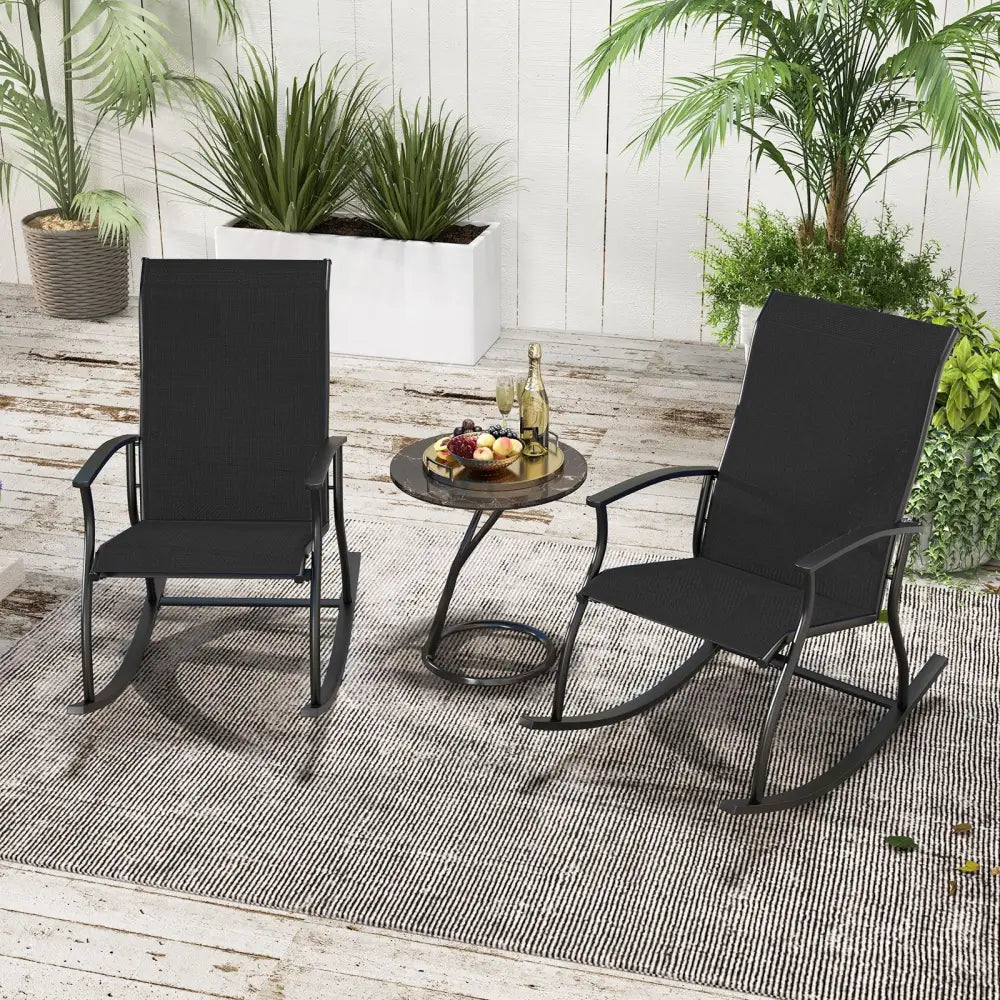 2 Pieces Outdoor Rocking Chairs with Breathable Backrest-Black - Black - Patio Rocking Chairs & Gliders
