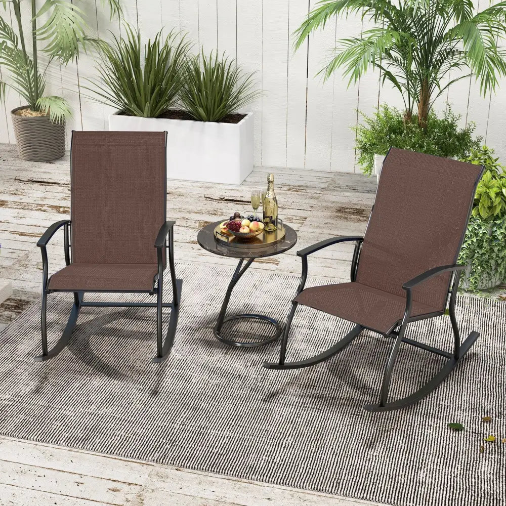 2 Pieces Outdoor Rocking Chairs with Breathable Backrest-Brown - Brown - Patio Rocking Chairs & Gliders
