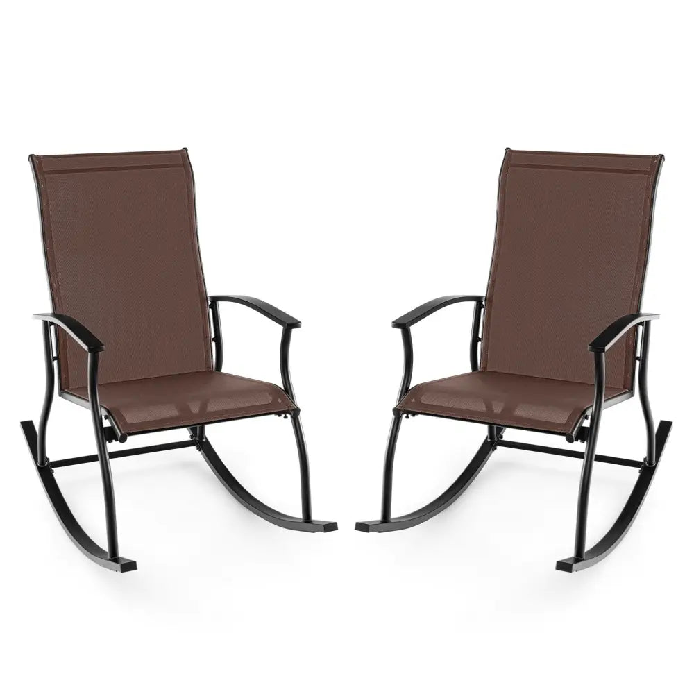 2 Pieces Outdoor Rocking Chairs with Breathable Backrest-Brown - Brown - Patio Rocking Chairs & Gliders