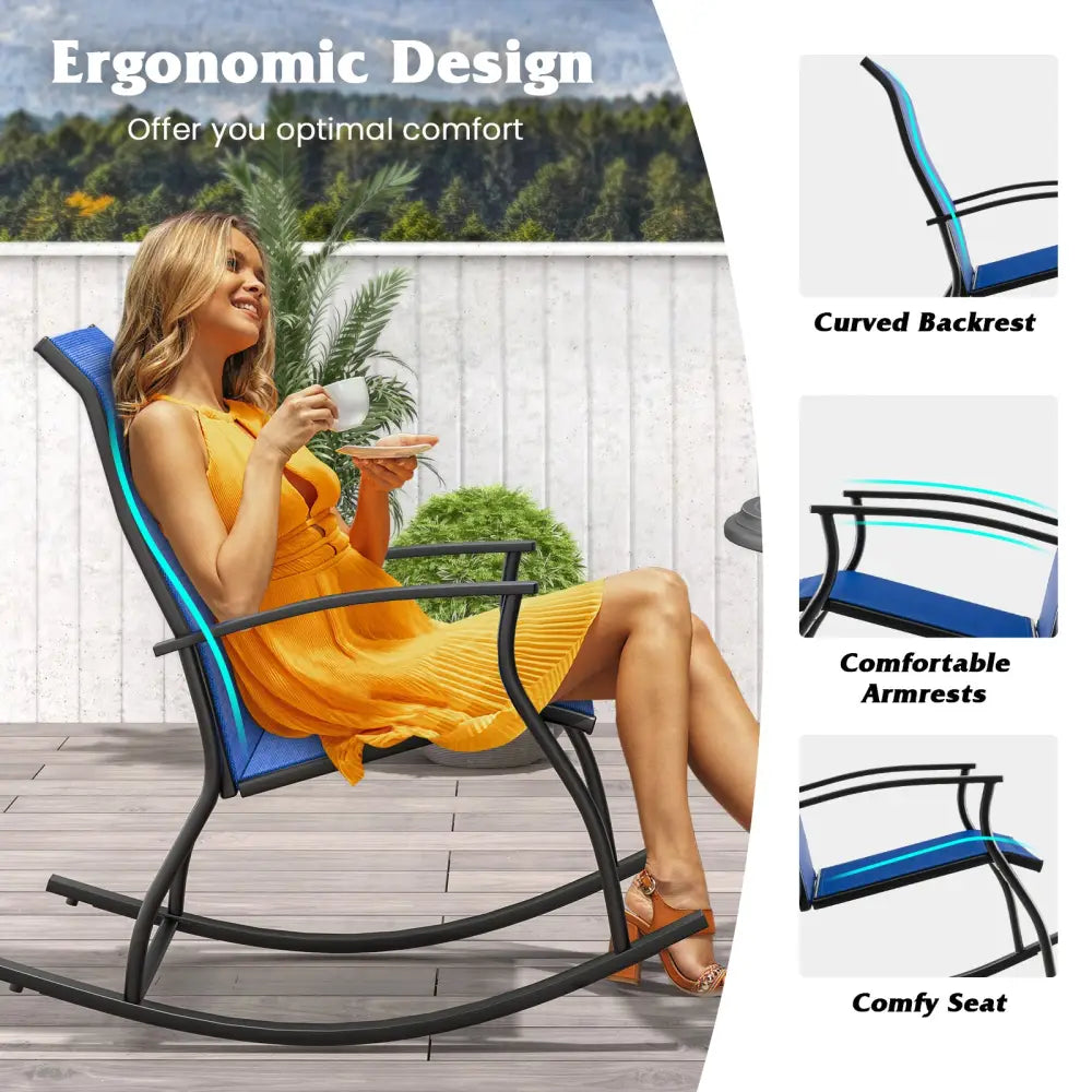 2 Pieces Outdoor Rocking Chairs with Breathable Backrest-Navy - Navy - Patio Rocking Chairs & Gliders
