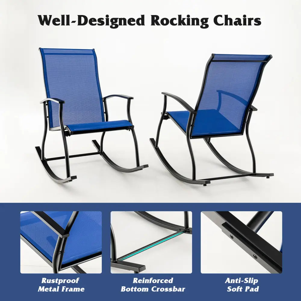 2 Pieces Outdoor Rocking Chairs with Breathable Backrest-Navy - Navy - Patio Rocking Chairs & Gliders